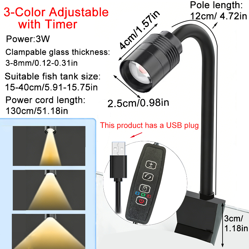 Aquarium Fish Light Lamp - USB 3W Südamerikanischer Aquarium-Strahler, 3-Farben dimmbar,